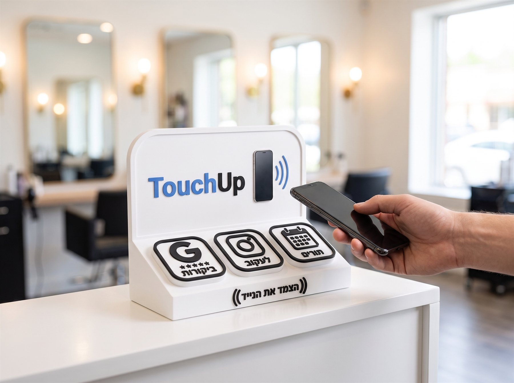 עמדת TouchUp לבנה על דלפק קבלה במספרה